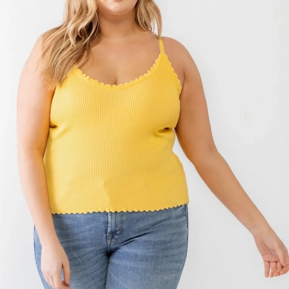 Tops - PLUS Vibrant Yellow Fitted Ribbed Ruffle Sleeveless Camisole 3X